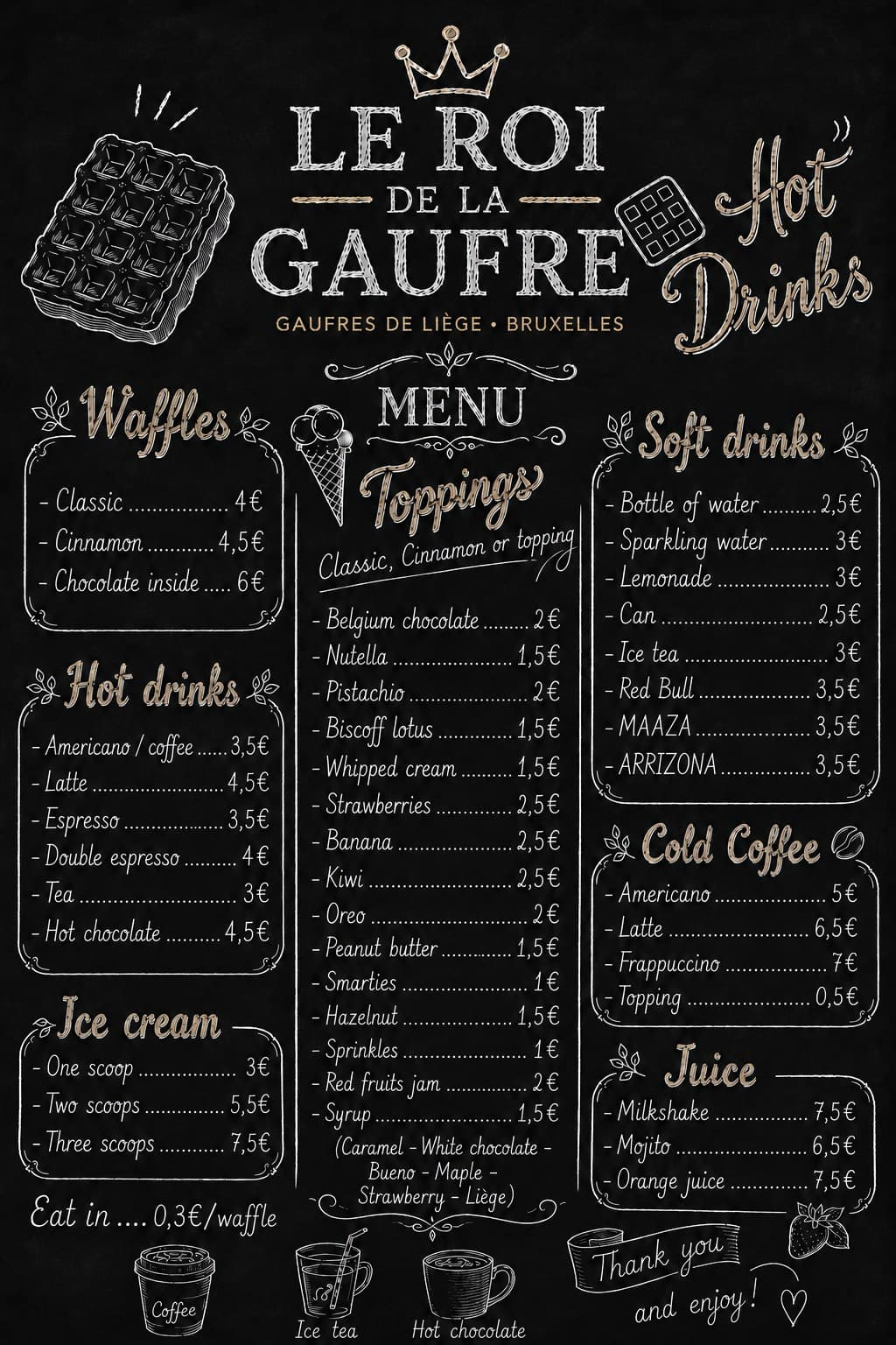 The chalkboard menu at Le Roi de la Gaufre, listing waffles, toppings, hot and cold drinks, ice cream and juices with prices