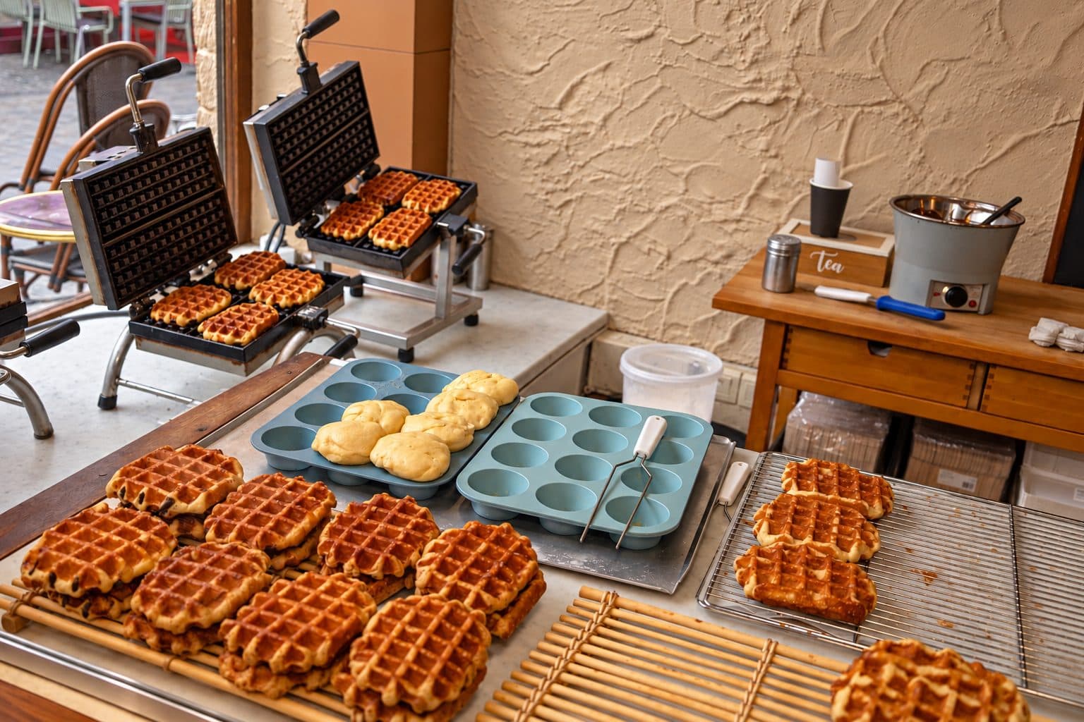 Fresh waffles at the waffle-making station at Le Roi de la Gaufre