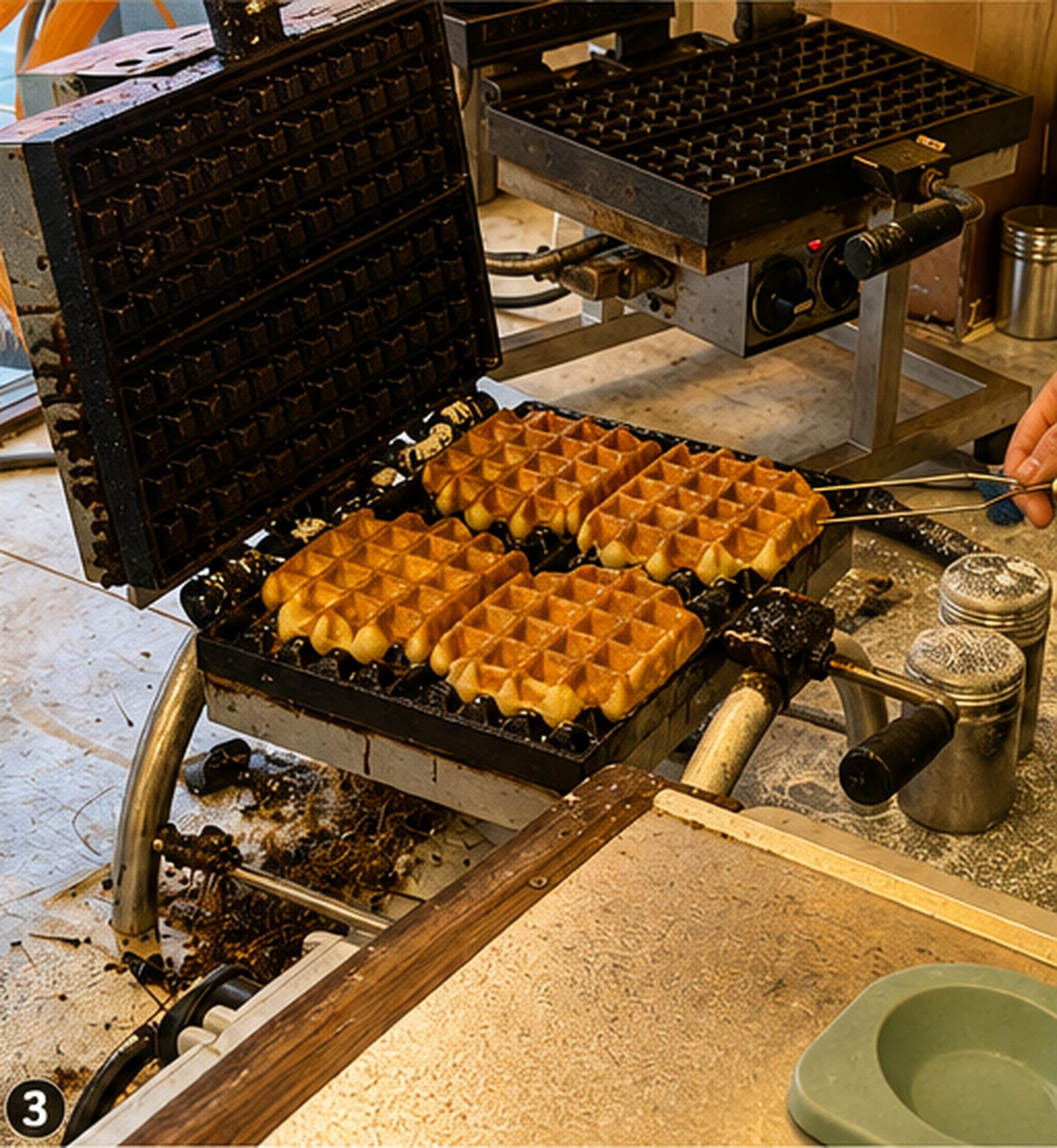 Fresh Liège waffles being lifted from the waffle iron at Le Roi de la Gaufre