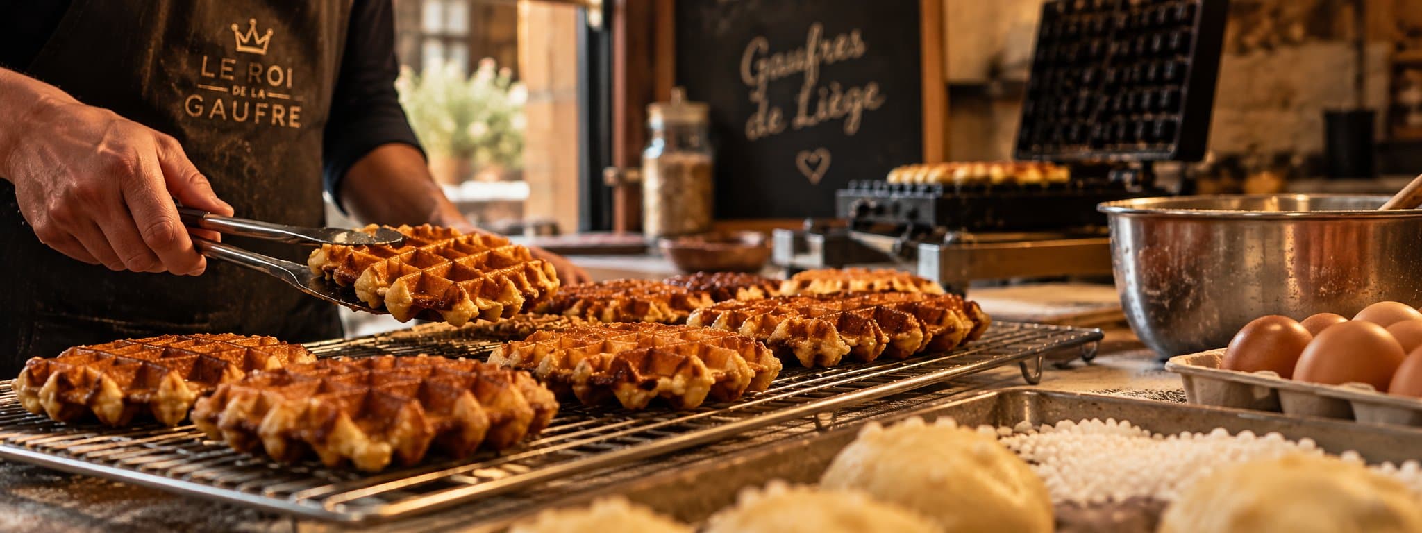 Fresh Liège waffles being lifted off the rack with tongs at Le Roi de la Gaufre