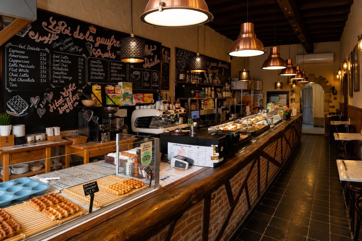 The warm interior of Le Roi de la Gaufre, with copper pendant lights, exposed brick and the pastry counter